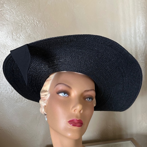IMPRESSIVE 1970s\' NAVY STRAW WIDE BRIM HAT WITH FOLDED BACK BRIM + BLUE FLOWERS